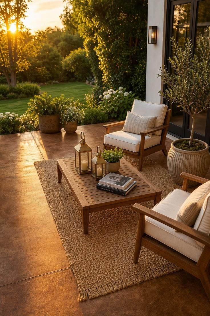Simple Spaces 16 Honey-stained concrete slab patio with teak furniture, linen cushions, and brass lanterns at golden hour