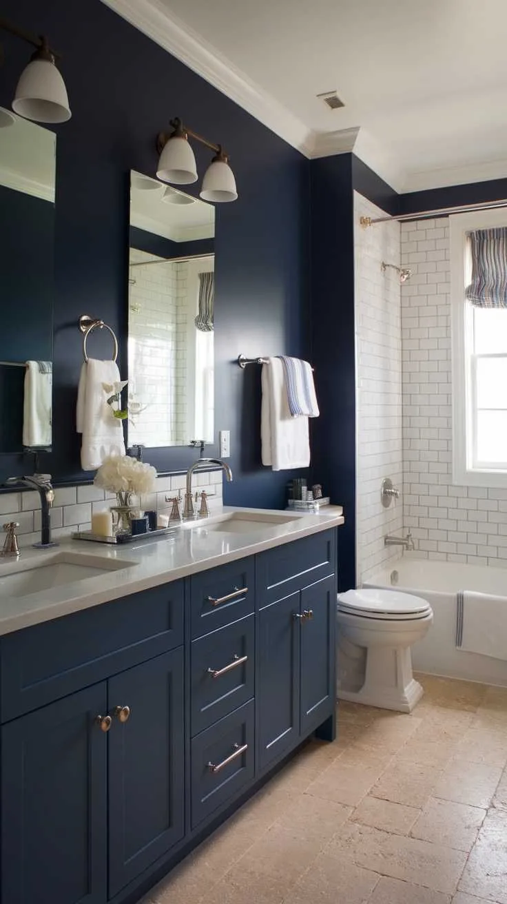 A navy blue bathroom featuring white fixtures, including a sink, bathtub, and toilet.