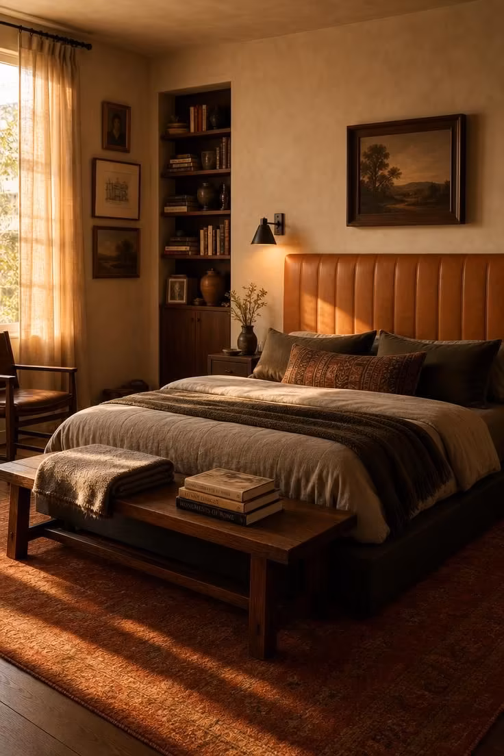 11 Cool Bedroom Ideas for Men Craving a Moodier Retreat 1 Charcoal platform bed with camel leather headboard panel in a warm, golden-lit bedroom.