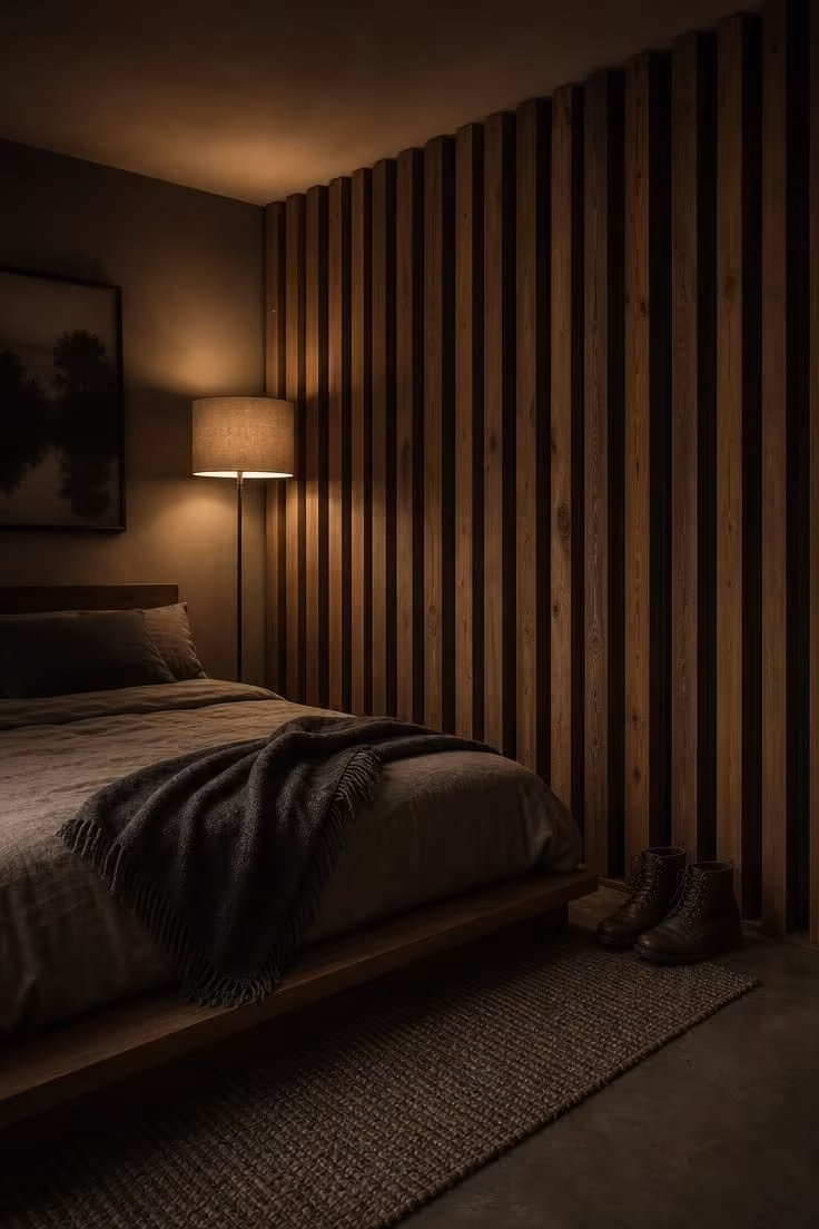 11 Cool Bedroom Ideas for Men Craving a Moodier Retreat 2 Reclaimed walnut slat accent wall behind a low platform bed in dim, moody lighting.