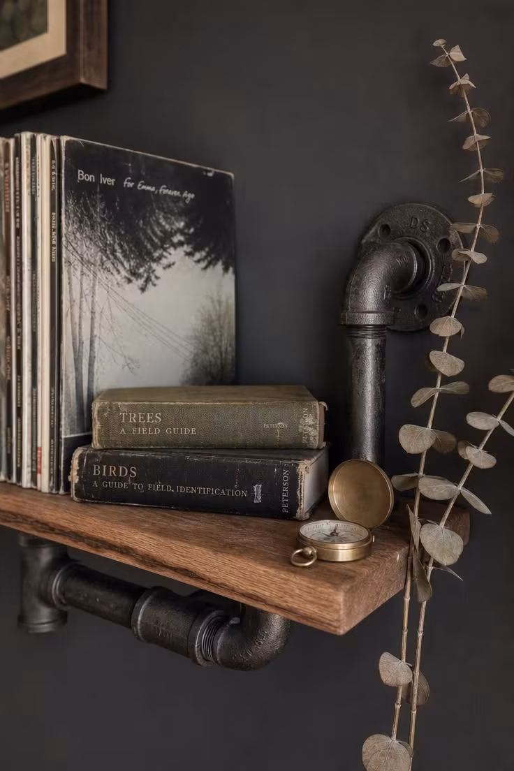 11 Cool Bedroom Ideas for Men Craving a Moodier Retreat 3 Cast-iron pipe shelf styled with vinyl records, field guides, and a brass compass.