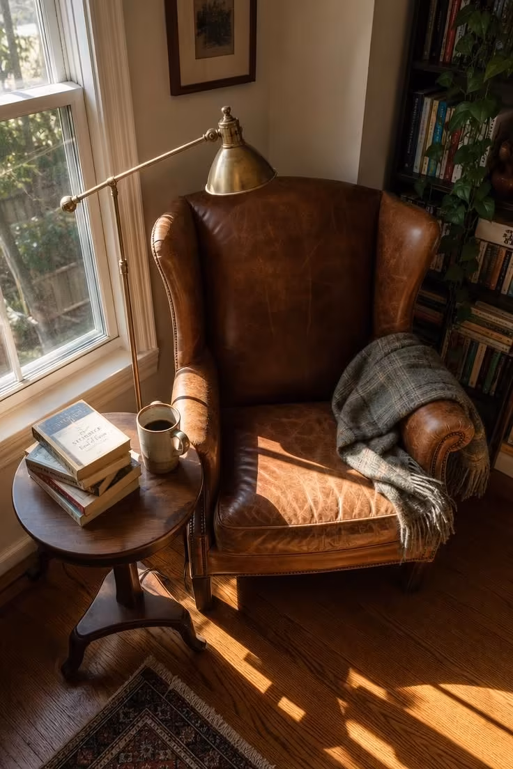 11 Cool Bedroom Ideas for Men Craving a Moodier Retreat 4 Cognac leather wingback chair and walnut side table in a bright corner reading nook.