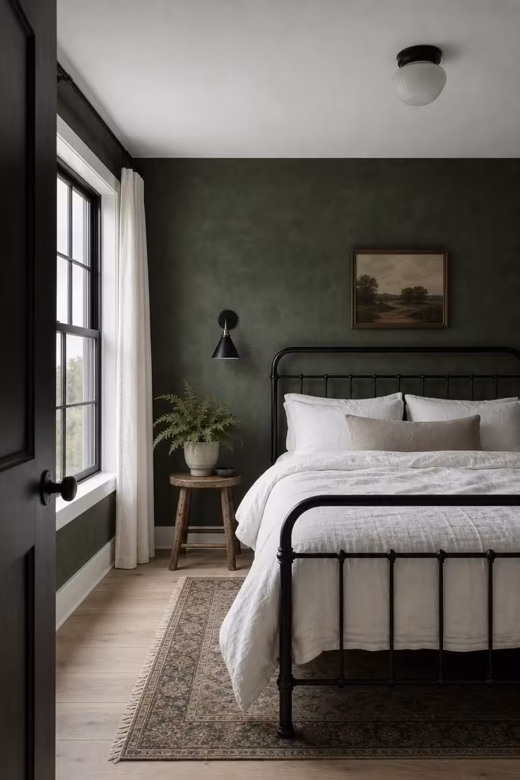 11 Cool Bedroom Ideas for Men Craving a Moodier Retreat 5 Black iron bed frame against a deep forest green limewashed wall under soft overcast light.