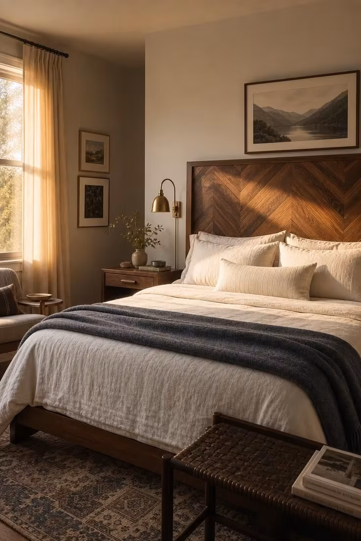 11 Cool Bedroom Ideas for Men Craving a Moodier Retreat 6 Herringbone walnut headboard with a storm-toned wool throw in warm golden light.