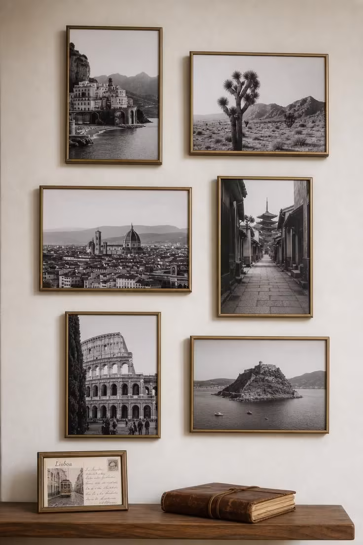 11 Cool Bedroom Ideas for Men Craving a Moodier Retreat 8 Gallery wall of black-and-white travel photography in thin brass frames.