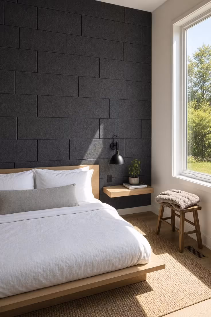 11 Cool Bedroom Ideas for Men Craving a Moodier Retreat 9 Charcoal felt acoustic panel grid mounted above a low platform bed in bright daylight.