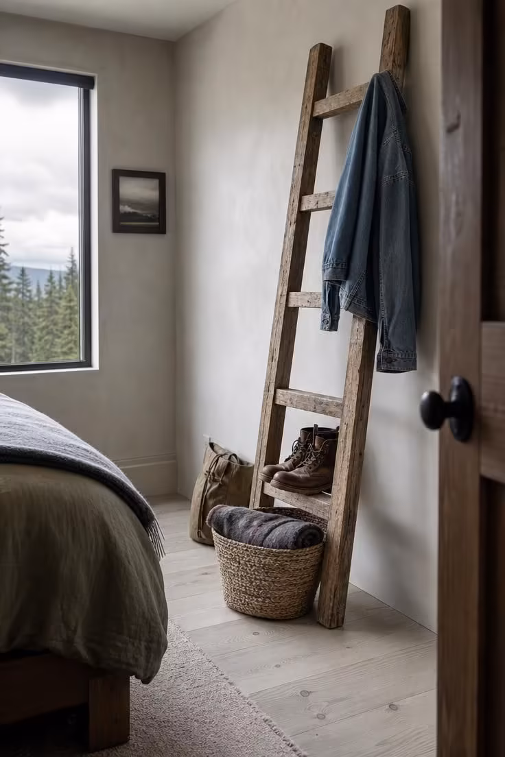 11 Cool Bedroom Ideas for Men Craving a Moodier Retreat 10 Reclaimed wood ladder shelf styled with a denim jacket and leather boots under soft daylight.