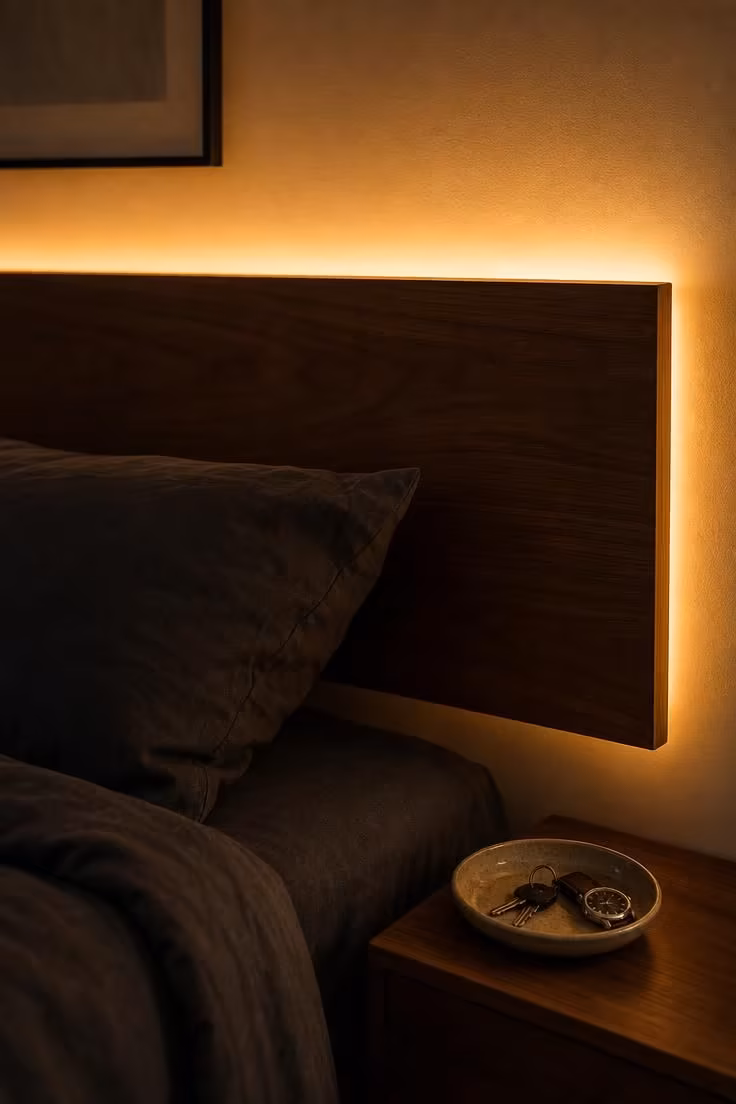 11 Cool Bedroom Ideas for Men Craving a Moodier Retreat 11 Warm LED light strip glowing behind a floating walnut headboard in a dim bedroom.