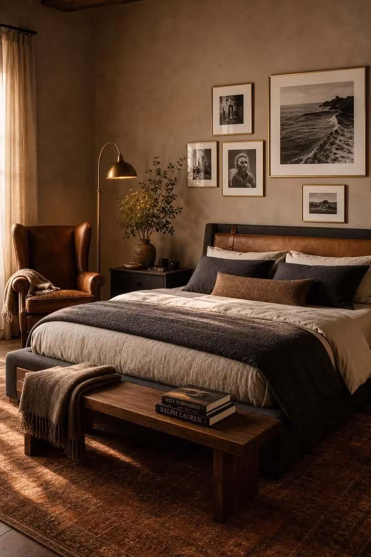 Simple Spaces 14 Cozy masculine bedroom with a camel leather headboard, walnut accents, and warm golden light.