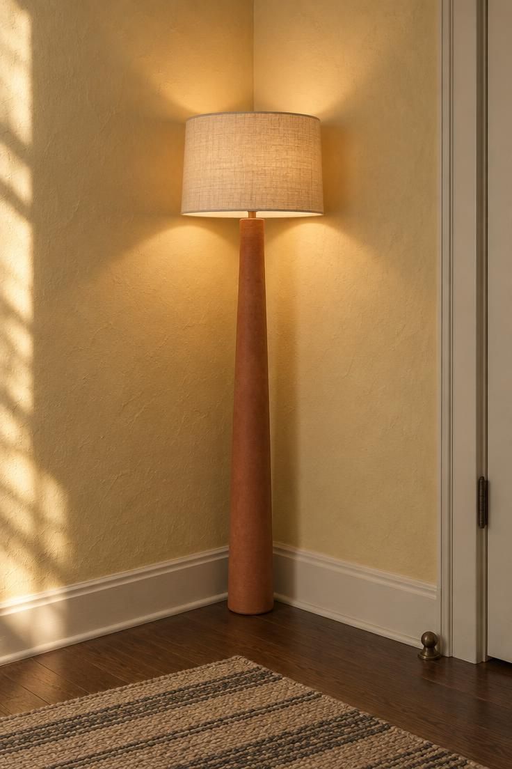 A slim terracotta floor lamp with a linen drum shade standing on the crease of a narrow hallway corner, casting warm light across two pale putty-yellow walls above a dark wood floor and flatweave runner.