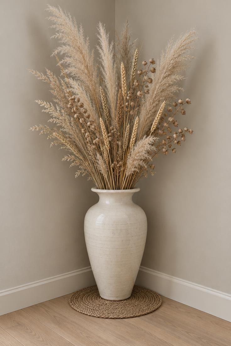A large off-white ceramic vase holding tall dried grasses and wheat stalks in a dead-end hallway corner, its base touching both pale greige walls above a light oak floor and small jute mat.