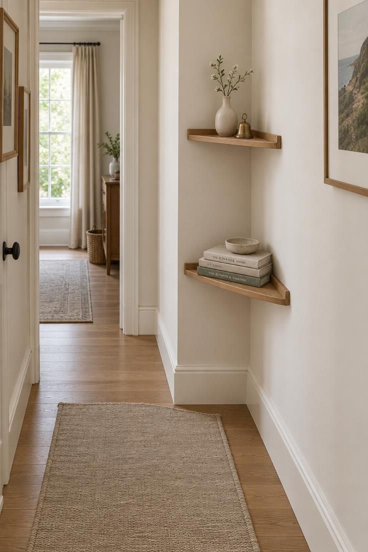 Two slim staggered oak corner shelves meeting at a narrow hallway turn, holding a stack of books, a stoneware dish, a pale ceramic bud vase, and a tiny brass bell above a flax runner.
