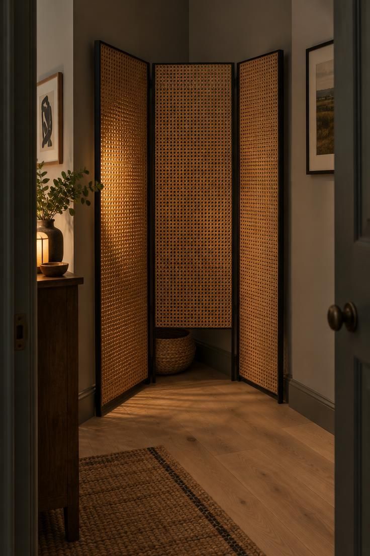 A three-panel cane and black metal folding screen leaning across a hallway corner, one panel against each wall, with a woven basket visible in the triangular gap behind on pale oak flooring.
