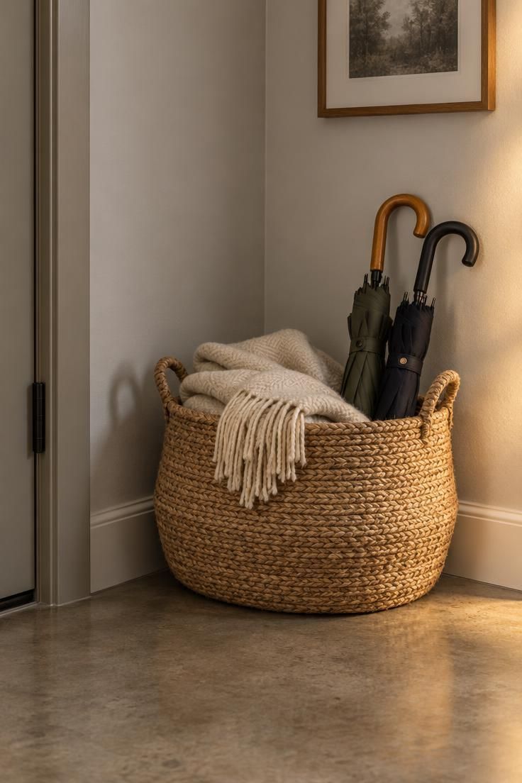 A round natural jute basket filled with a folded cream wool throw and umbrella handles, set diagonally into a light gray hallway corner above polished warm-gray concrete flooring.