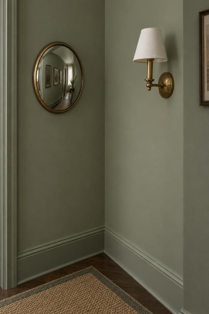 A small antique brass sconce with a linen shade on one wall of an L-turn hallway corner and a round convex mirror with a thin brass rim on the adjacent sage green wall above a woven runner.