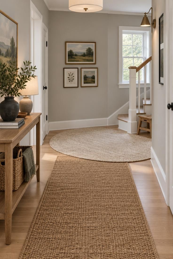 A large tan sisal runner and a layered oval off-white jute rug curving away from the corner of a wide hallway that opens toward a stair landing with a low oak step stool.