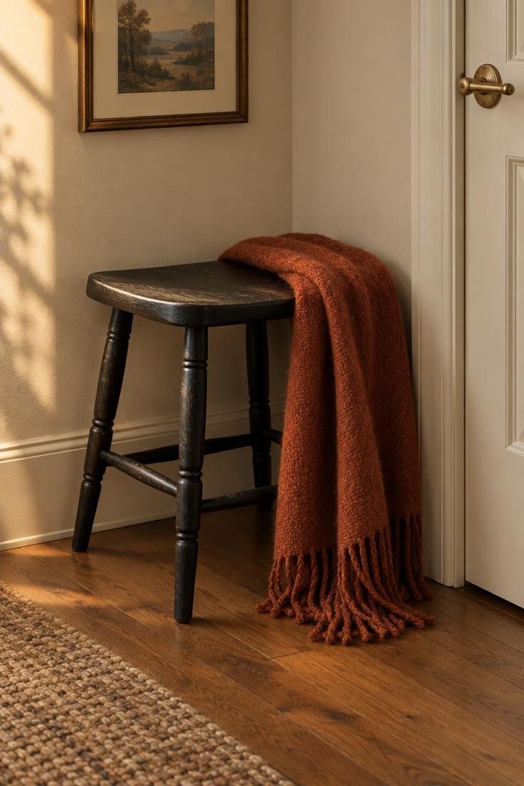 A low black-stained oak stool with turned legs in a corner beside an entry door, a folded rust-colored wool throw draped over one side with tassels reaching the warm off-white wall's floor.