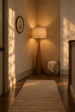 A warm hallway corner at a bend with a slim terracotta floor lamp, a jute basket with a folded cream throw, and a small round framed print above a flatweave runner on dark wood flooring between putty plaster walls.
