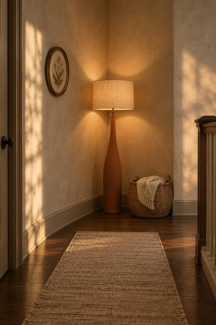 Simple Spaces 22 A warm hallway corner at a bend with a slim terracotta floor lamp, a jute basket with a folded cream throw, and a small round framed print above a flatweave runner on dark wood flooring between putty plaster walls.