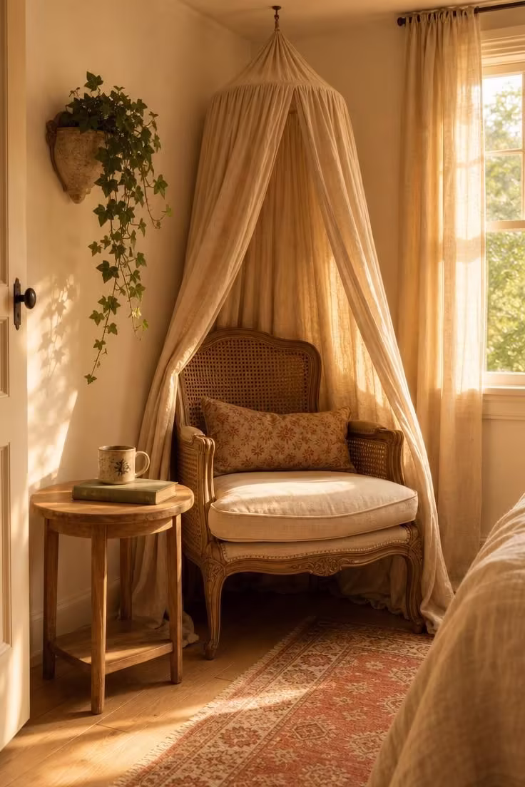 11 Charming Corner Reading Nook Ideas for Slow Mornings 1 A cane-back accent chair under a gathered linen canopy in a sunlit corner with warm golden light