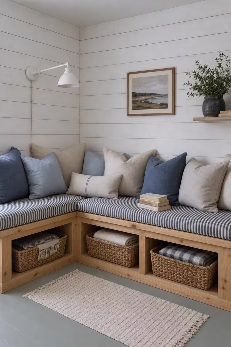 11 Charming Corner Reading Nook Ideas for Slow Mornings 2 A built-in pine bench with ticking-stripe cushion against whitewashed shiplap walls in a farmhouse corner reading nook