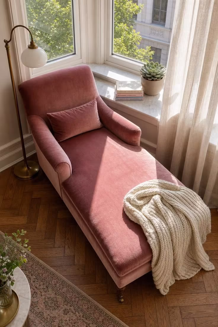 11 Charming Corner Reading Nook Ideas for Slow Mornings 3 A dusty rose velvet chaise lounge in a bright bay window corner with midday sunlight and stacked paperbacks