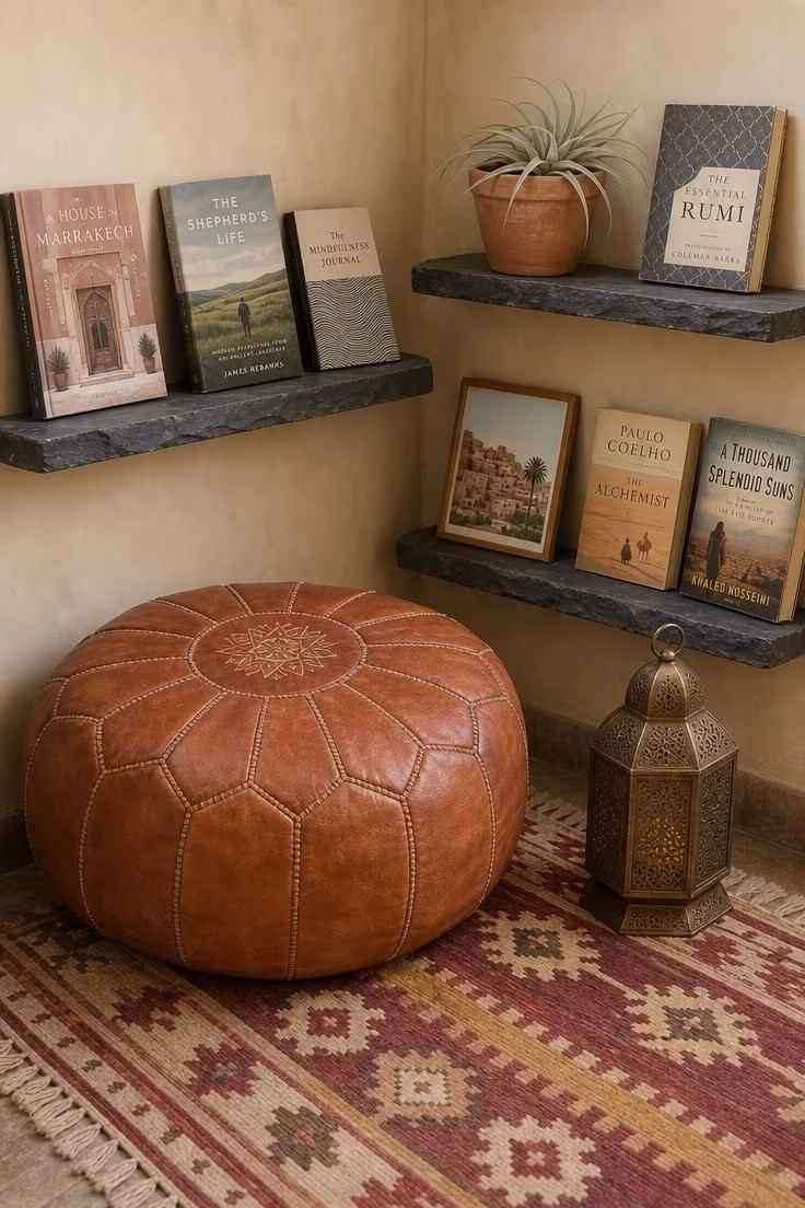 11 Charming Corner Reading Nook Ideas for Slow Mornings 4 A cognac Moroccan floor pouf on a kilim rug flanked by stacked slate ledge shelves with books and air plants