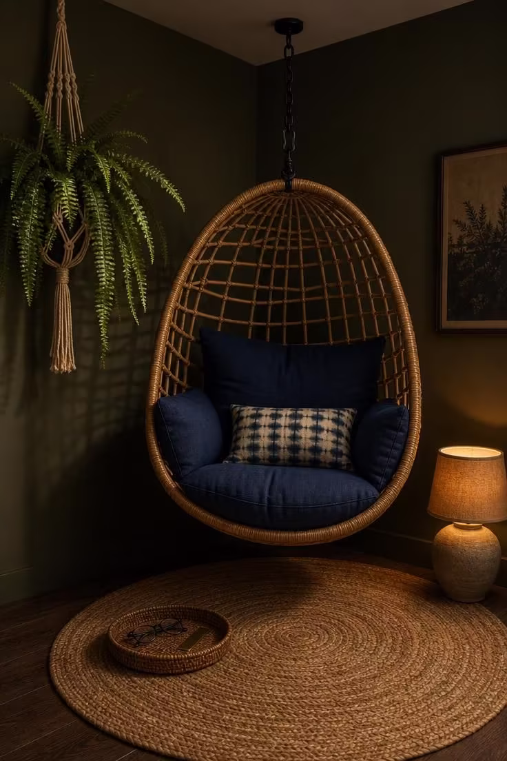 11 Charming Corner Reading Nook Ideas for Slow Mornings 5 A hanging rattan egg chair with indigo cushions in a moody dark-walled corner with low ambient light