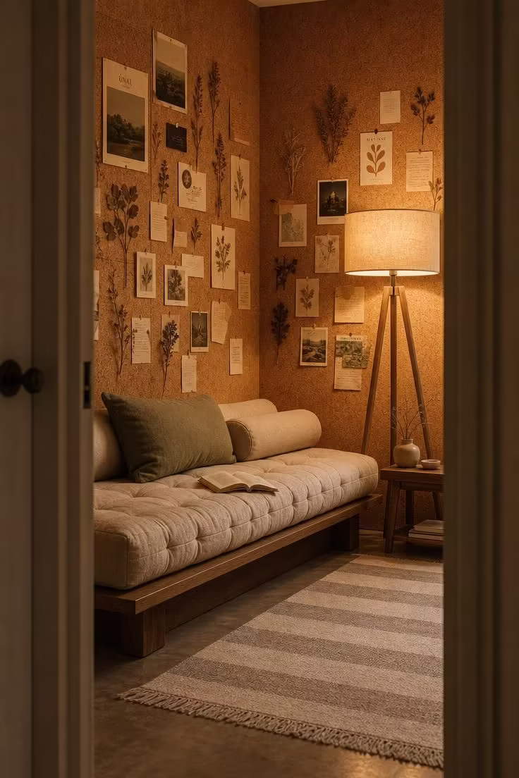 11 Charming Corner Reading Nook Ideas for Slow Mornings 6 Cork-paneled corner walls with pinned postcards and a tufted linen daybed in warm golden light viewed from a doorway