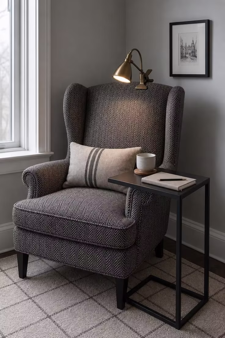 11 Charming Corner Reading Nook Ideas for Slow Mornings 7 A herringbone wingback chair with a slim iron C-table and clip-on brass reading lamp in a cool-lit corner