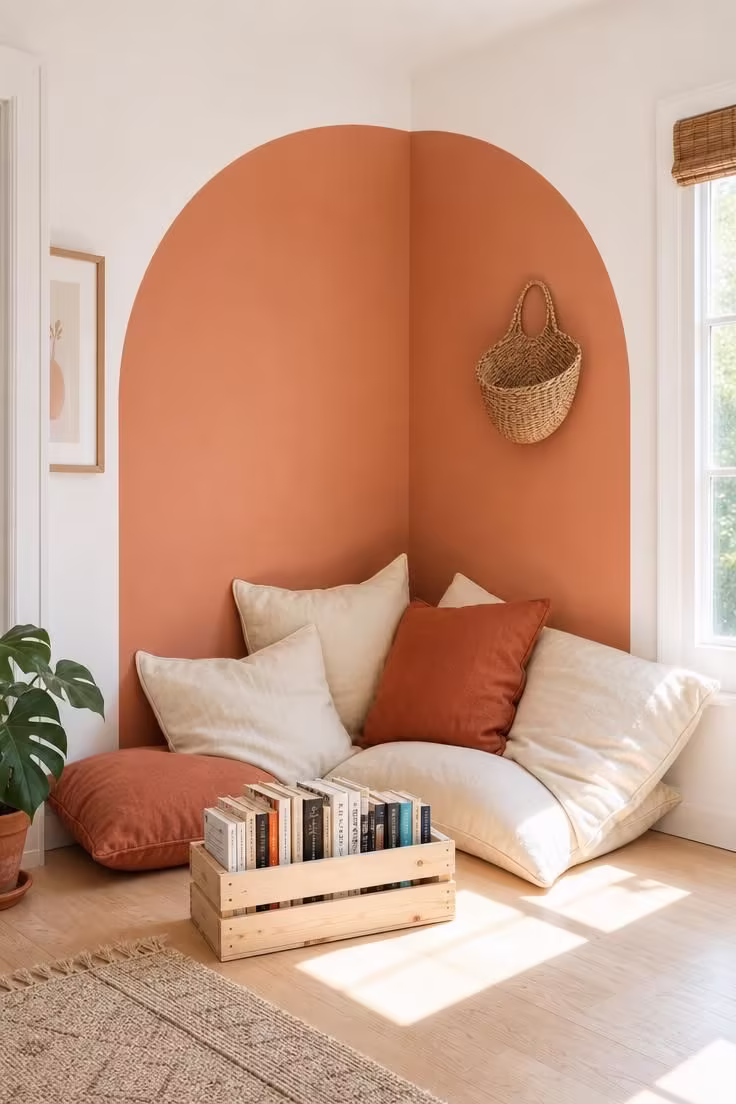 11 Charming Corner Reading Nook Ideas for Slow Mornings 8 A painted terracotta arch mural spanning two corner walls framing floor cushions and a wooden book crate in bright midday light