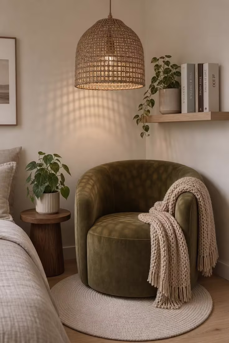 11 Charming Corner Reading Nook Ideas for Slow Mornings 9 An olive velvet barrel chair under a low-hung woven rattan pendant shade with floating shelves and trailing plants