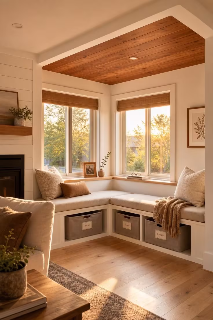 11 Charming Corner Reading Nook Ideas for Slow Mornings 11 A tongue-and-groove cedar ceiling detail above a corner window seat with linen cushion and fabric storage bins in warm golden light