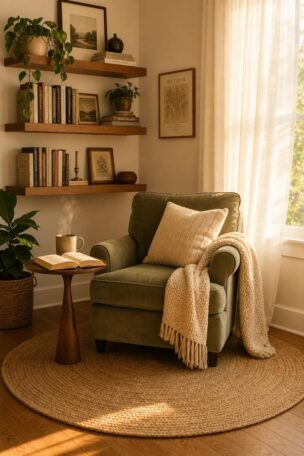 A cozy corner reading nook with a sage green armchair, floating shelves with books, warm golden light, and a knit throw