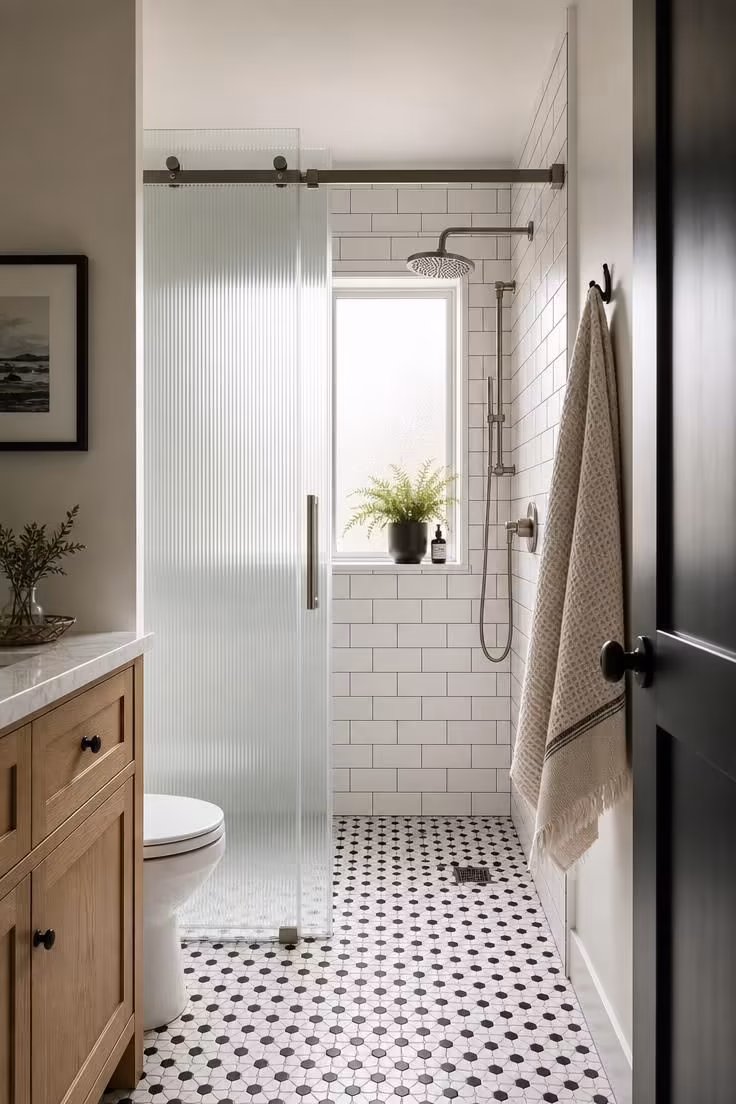 10 Corner Shower Ideas for Small Bathrooms That Feel Bigger 1 Small bathroom corner shower with a sliding frosted glass door over hexagon cement tile flooring.