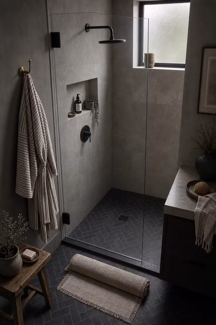 10 Corner Shower Ideas for Small Bathrooms That Feel Bigger 2 Corner shower with a pivot glass panel over dark herringbone slate floor tile.