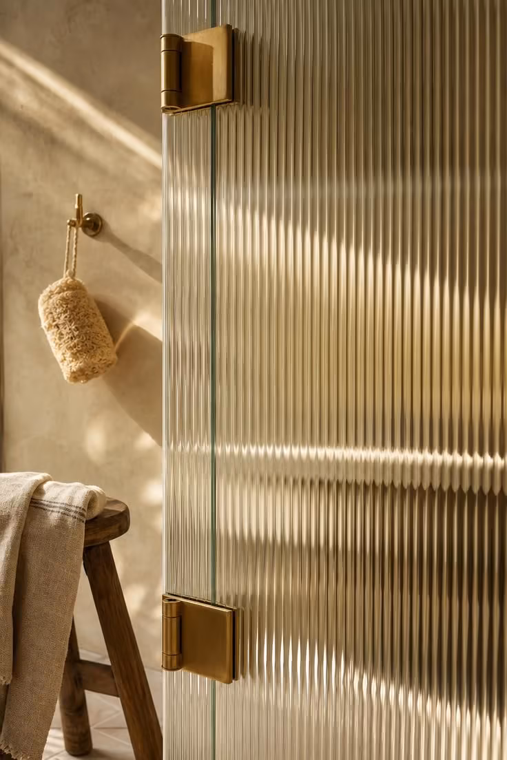 10 Corner Shower Ideas for Small Bathrooms That Feel Bigger 3 Fluted glass corner shower enclosure with unlacquered brass pivot hardware.
