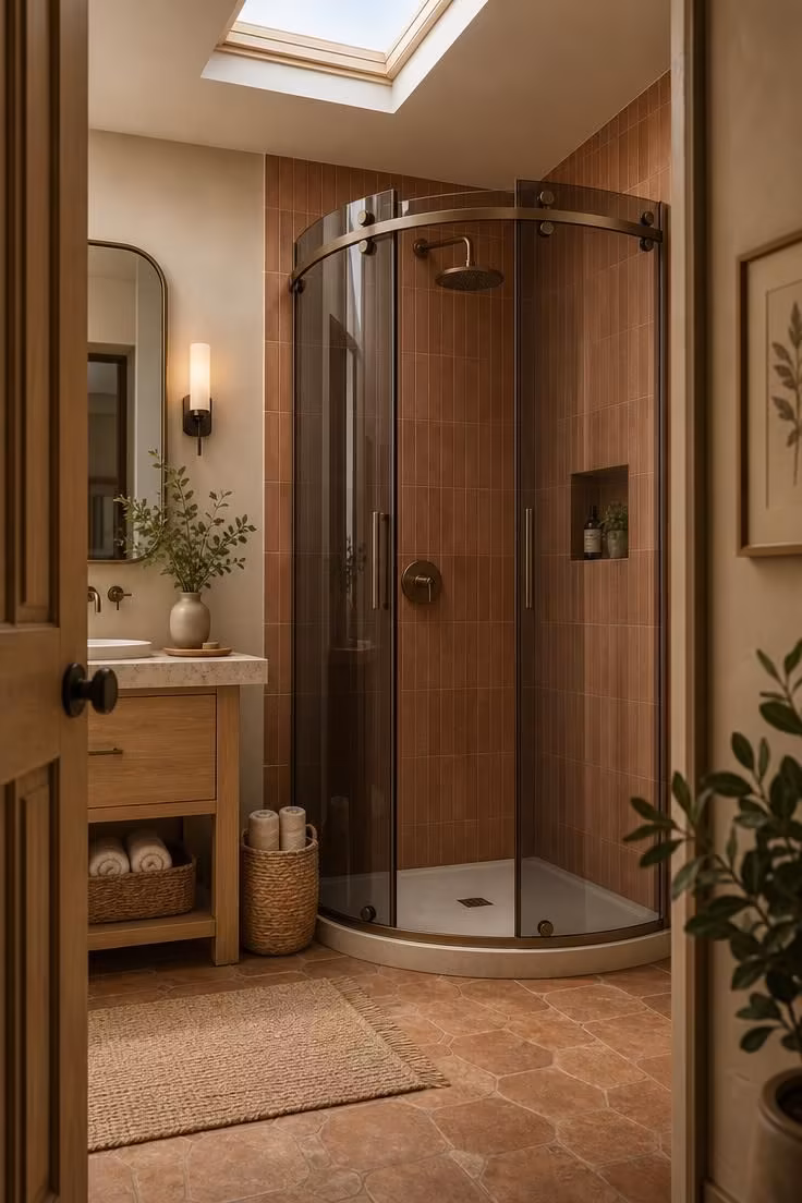10 Corner Shower Ideas for Small Bathrooms That Feel Bigger 4 Quadrant corner shower with curved smoked glass panels and a matte bronze track.