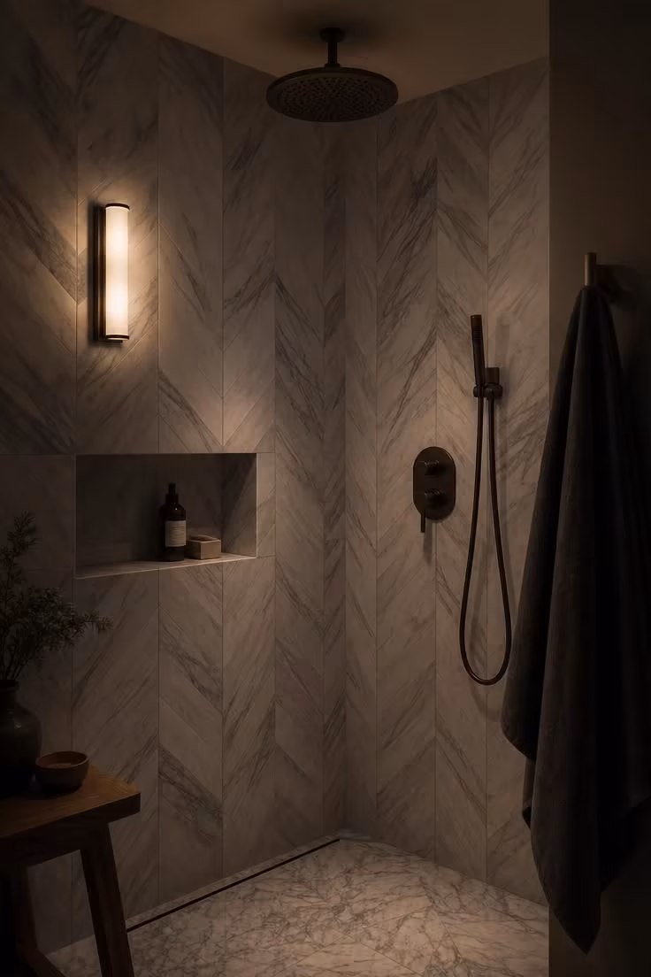10 Corner Shower Ideas for Small Bathrooms That Feel Bigger 5 Corner shower wrapped floor to ceiling in chevron marble-look porcelain tile.
