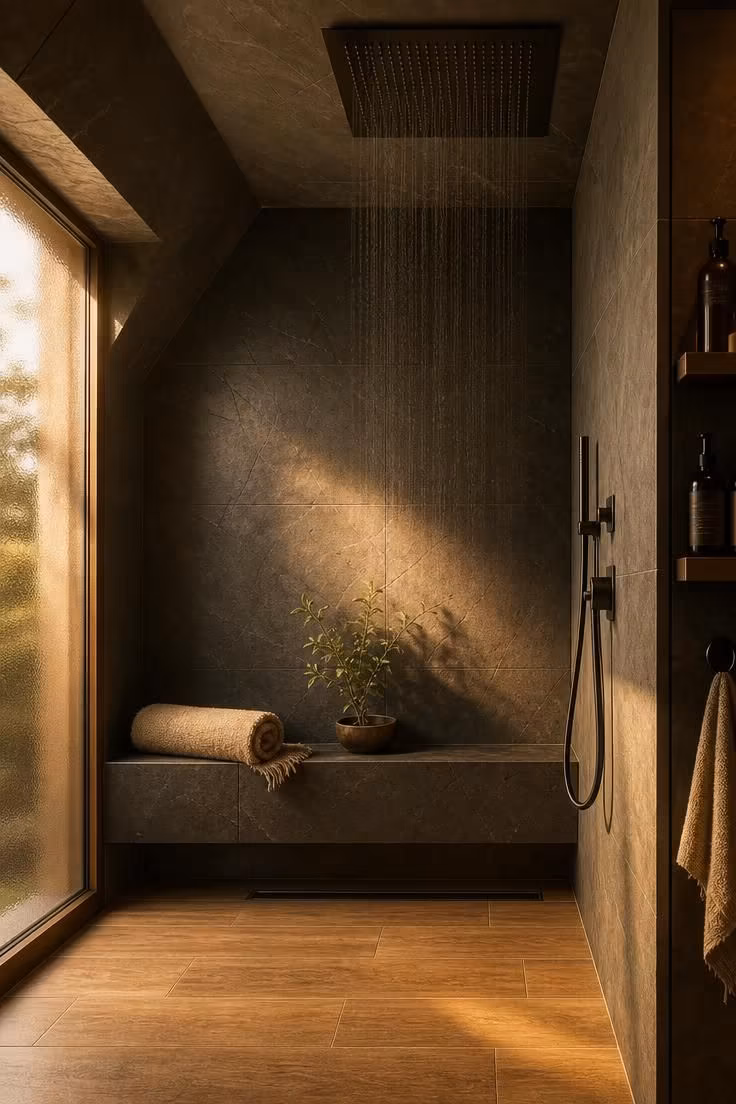 10 Corner Shower Ideas for Small Bathrooms That Feel Bigger 6 Built-in corner shower bench clad in basalt stone beneath a ceiling rain panel.
