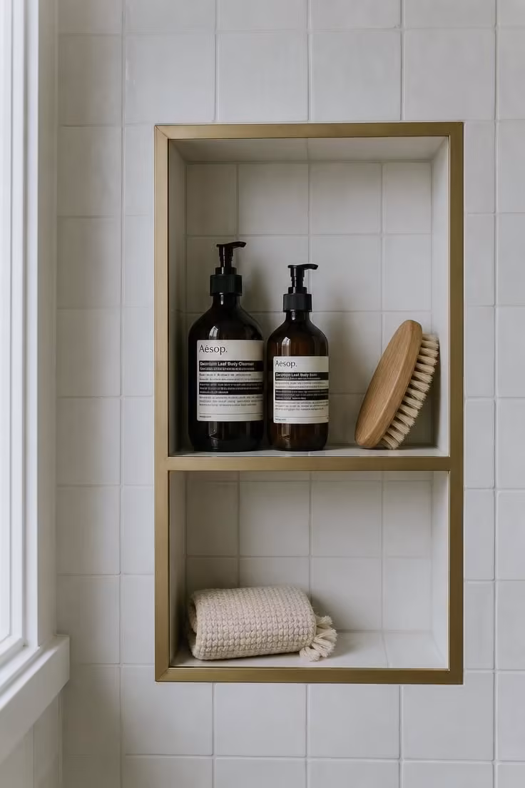 10 Corner Shower Ideas for Small Bathrooms That Feel Bigger 7 Recessed double shower niche framed in unlacquered brass trim against white tile.