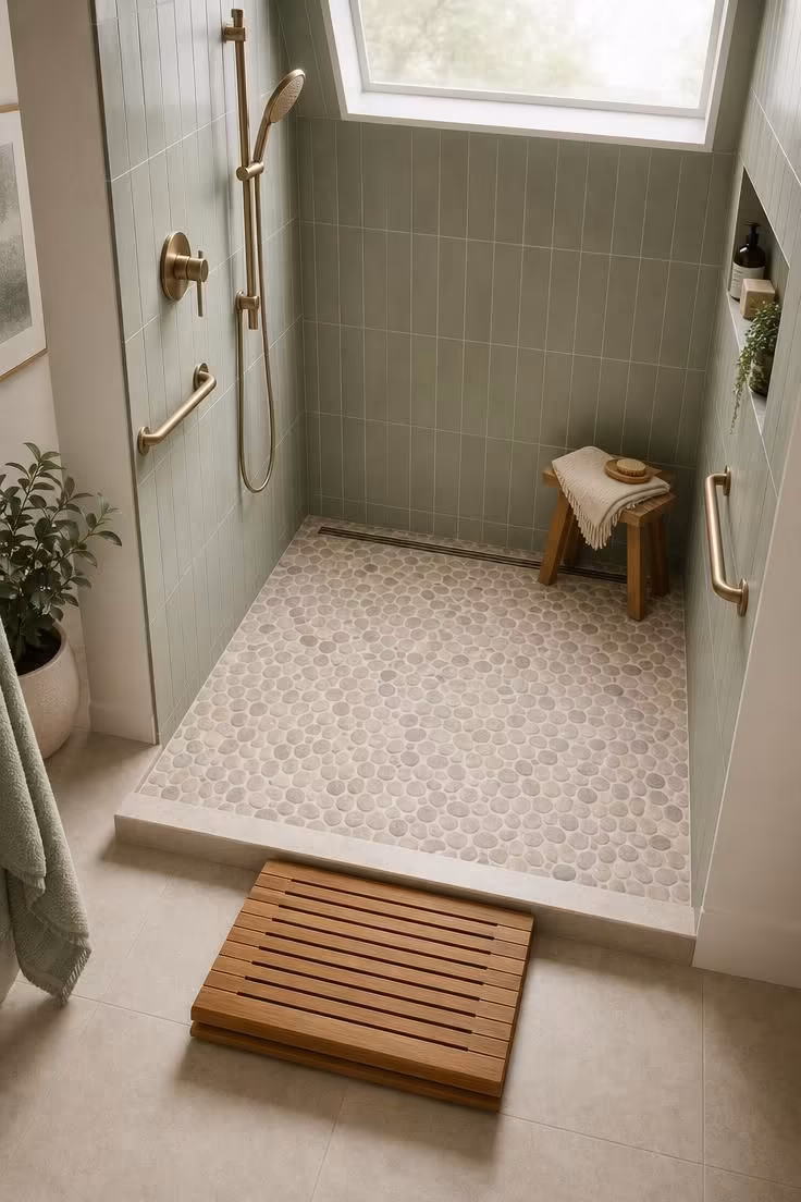 10 Corner Shower Ideas for Small Bathrooms That Feel Bigger 8 Low-curb corner shower with pebble-look mat tile and a linear drain.