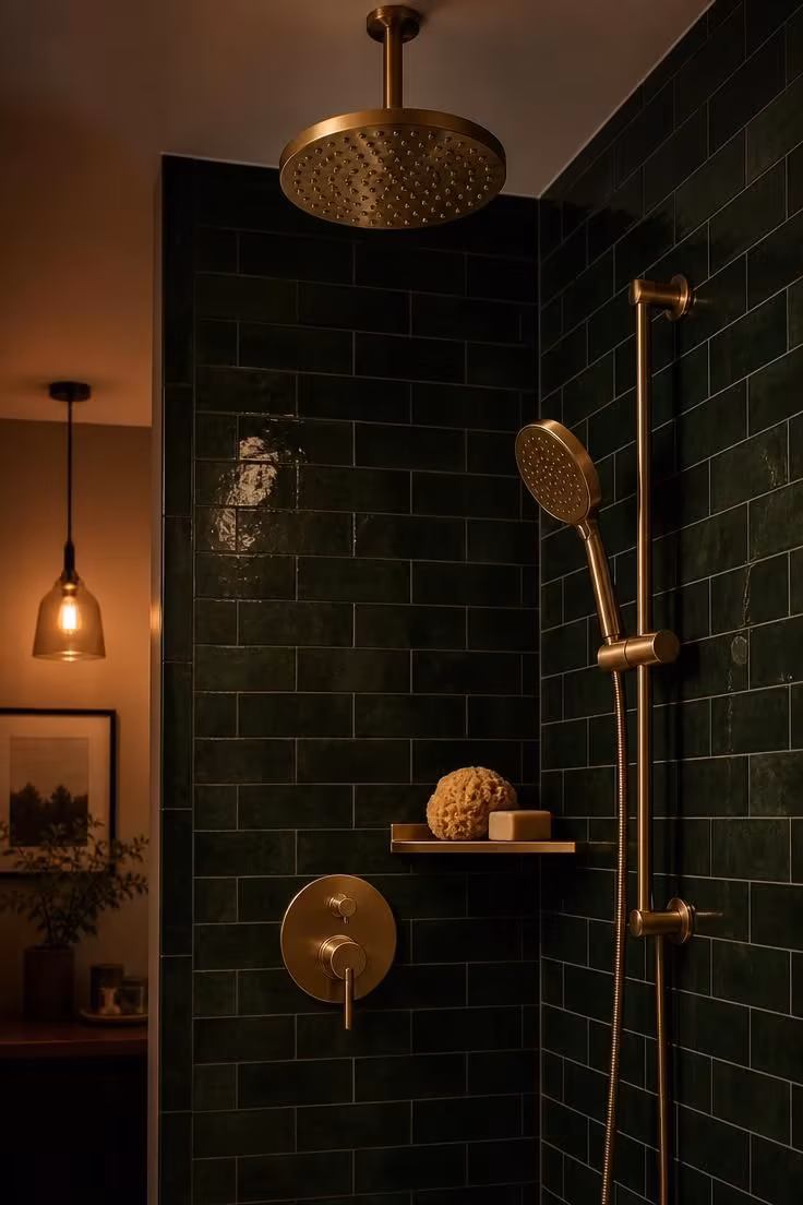 10 Corner Shower Ideas for Small Bathrooms That Feel Bigger 10 Corner shower with a ceiling rain head and handheld wand on a brushed brass slide bar over green subway tile.
