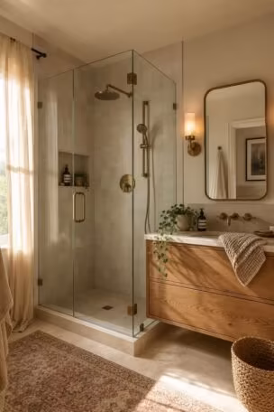 Small bathroom corner shower with a frameless glass enclosure and floating oak vanity.