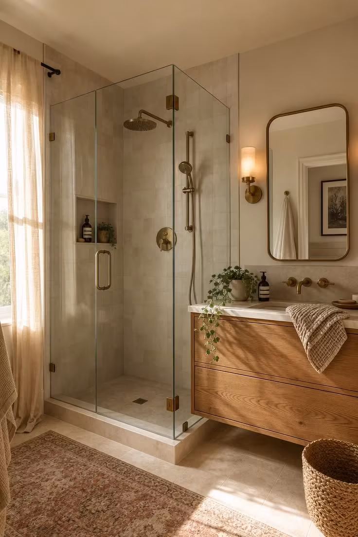 Small bathroom corner shower with a frameless glass enclosure and floating oak vanity.