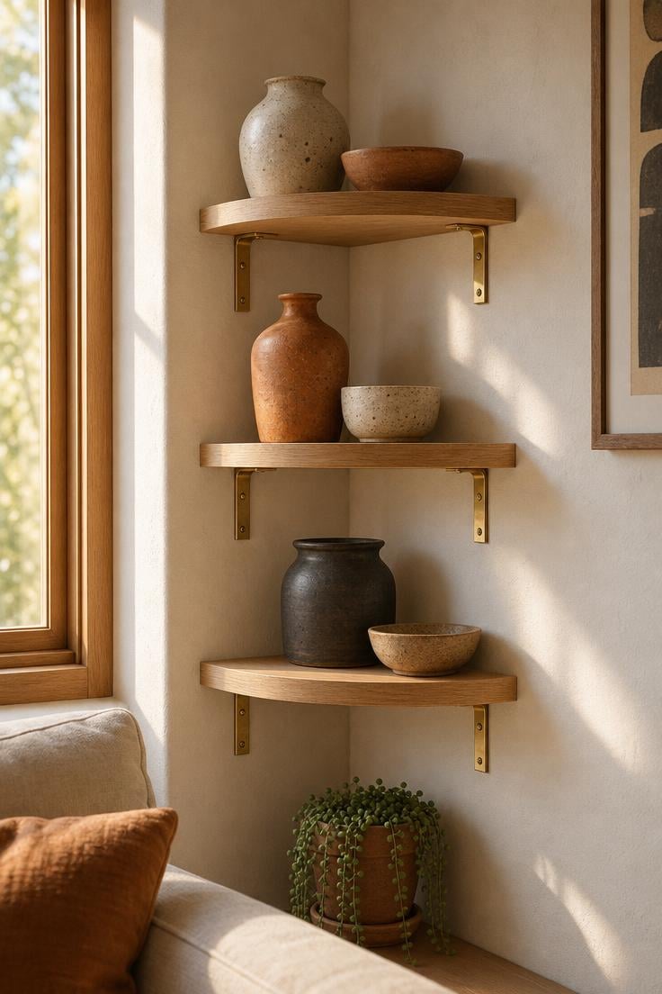11 Stunning Corner Wall Decor Ideas to Fill Dead Space 1 Three staggered white oak floating corner shelves holding collected stoneware pottery in cream and terracotta tones, lit by warm afternoon light