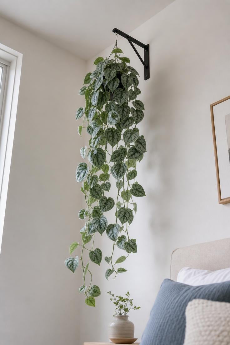 11 Stunning Corner Wall Decor Ideas to Fill Dead Space 2 A Cebu Blue Pothos trailing from a matte black steel corner bracket high on a bedroom wall, with silvery blue-green leaves cascading downward in soft diffused light