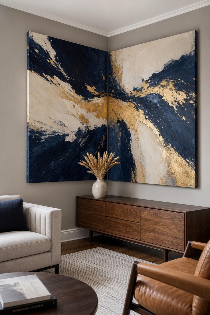 11 Stunning Corner Wall Decor Ideas to Fill Dead Space 3 A diptych abstract painting in navy, cream, and gold leaf stretched across two canvases hung on both walls of a living room corner, lit by bright midday light