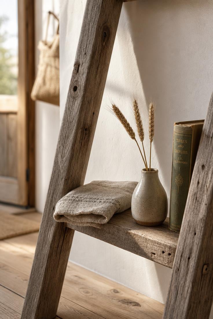 11 Stunning Corner Wall Decor Ideas to Fill Dead Space 4 Close-up of a reclaimed teak ladder shelf rung holding folded linen, dried wheat stems in a ceramic vase, and a vintage book, lit by warm golden hour light