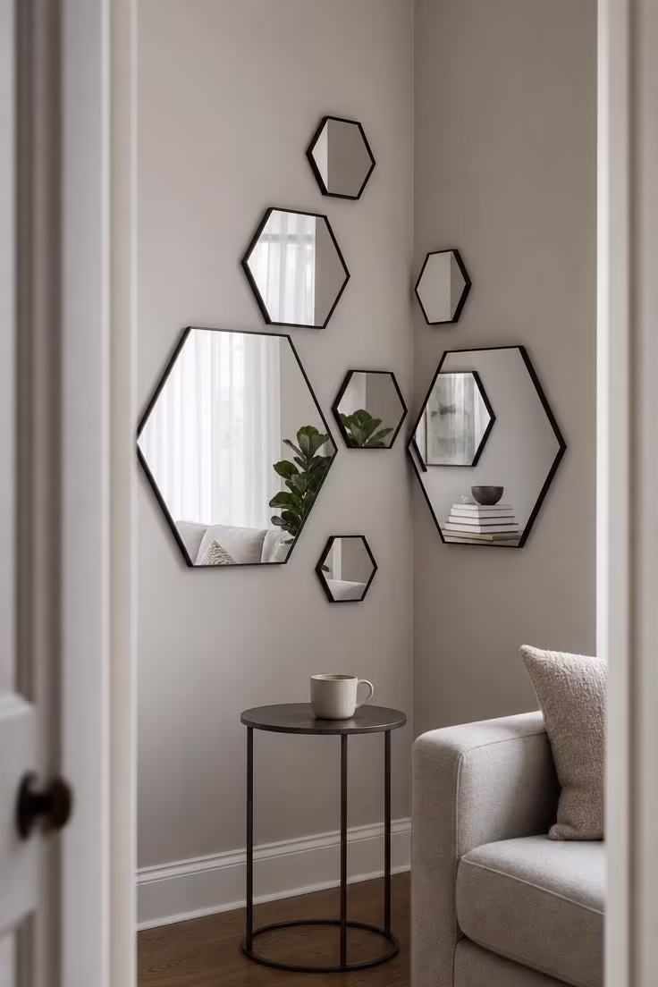 11 Stunning Corner Wall Decor Ideas to Fill Dead Space 5 An asymmetric cluster of matte black hexagonal mirrors in varying sizes wrapping around a living room corner, reflecting the room in cool overcast light